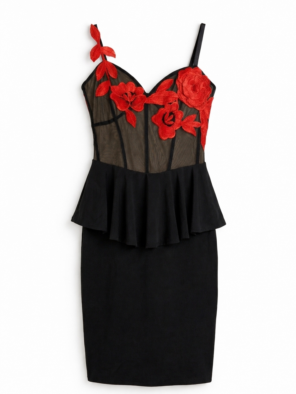 VENUS Black Peplum Red Floral Appliqué Sheer Mesh Bodice Party Dress Small